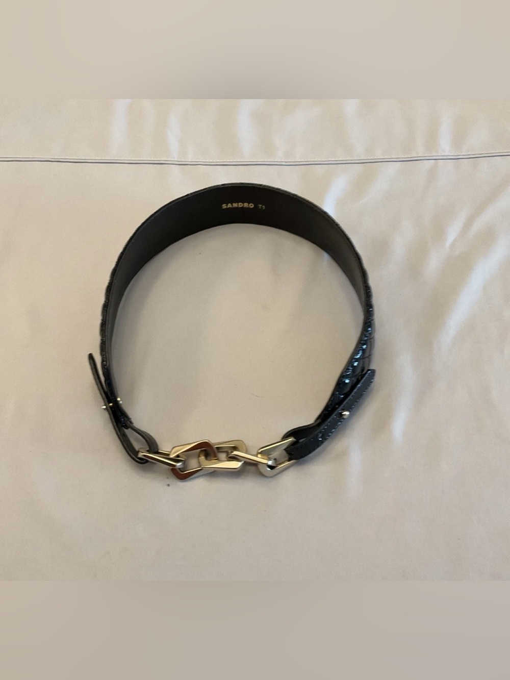 Sandro Black Leather Belt with Gold Chain Links